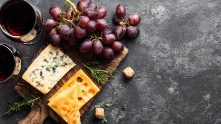 Elegant tasting table arrangement with assorted cheeses, fresh grapes, and glasses of red wine, perfect for a cozy evening gathering.の素材