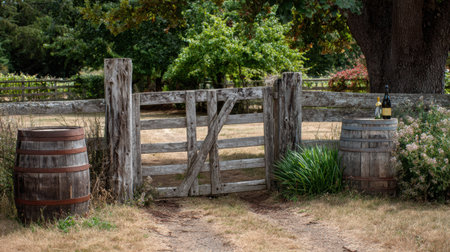 A rustic gate opens to a picturesque vineyard, showcasing wine on a barrel among greenery and dirt paths in a serene countryside atmosphere.の素材