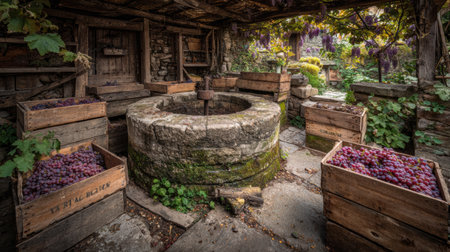 Grape crates are stacked around a historic winery press, set in a rustic area filled with lush greenery and vines.の素材