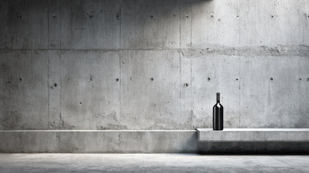 A sleek wine bottle stands alone on a concrete slab, highlighting an industrial minimal aesthetic in a serene environment.の素材