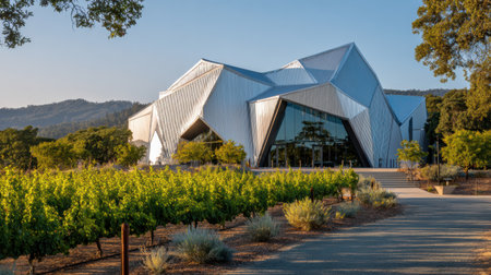 High-end winery features innovative design with sharp geometric shapes surrounded by lush grapevines at sunset.の素材