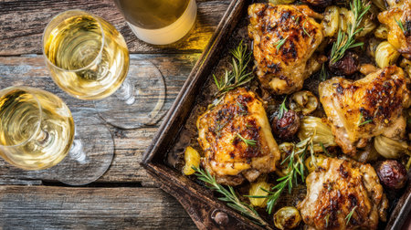 Roasted chicken thighs are served on a rustic baking tray with herbs and accompanied by glasses of white wine, creating a cozy dining experience.の素材