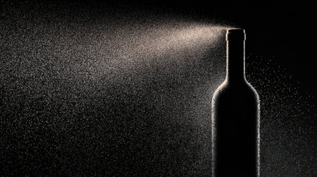 A bottle silhouette is illuminated by soft rim light, surrounded by floating dust particles, creating a luxurious atmosphere.の素材