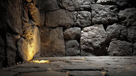 A dark stone cellar features a single golden spotlight illuminating rough walls, creating a dramatic and premium ambiance filled with shadows.の素材