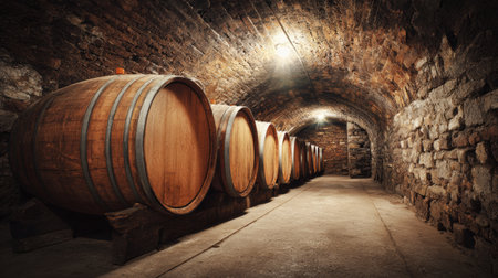 Wine barrels line the cool, dark cellar, illuminated by soft, warm lighting creating an inviting atmosphere for aging wine.の素材
