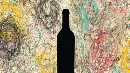 A dark bottle shape stands out against a chaotic background of vibrant strokes, showing a blend of creativity and modern art.の素材
