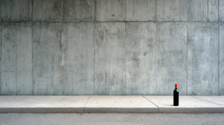 A wine bottle stands alone on a concrete slab in an industrial space, showing minimalism and simplicity in daylight.の素材
