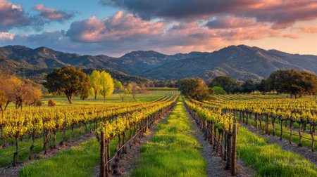 Rows of lush grapevines extend through the vineyard as the sun sets over the peaceful hills, casting warm colors across the sky.の素材