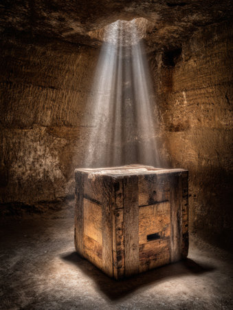 A rustic grape crate sits in an underground winery, illuminated by beams of light from a small opening above, creating a dramatic scene.の素材