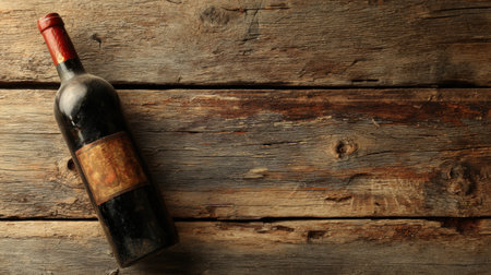 A vintage wine bottle lies on a rough wooden plank with unique markings, highlighting its rustic charm and the aged character of the setting.の素材