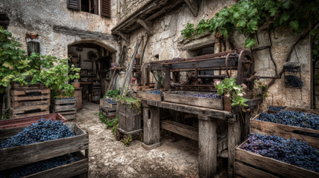 Old winery press stands amid crates of freshly harvested grapes in a picturesque rural craft area filled with history.の素材