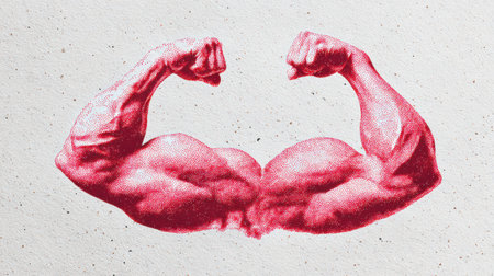 Red muscle illustration stands out against a white background, focusing on strength and fitness in a simple yet striking design.の素材