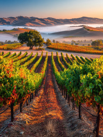 Warm golden light bathes the vineyard rows as soft fog lingers, creating a peaceful scene at sunrise in the wine region.の素材