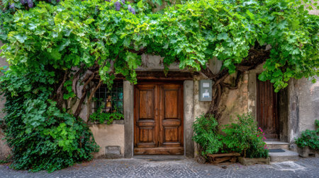 Rustic wooden door framed by lush grape vines with wine visible beside it in a charming village setting during daylight.の素材