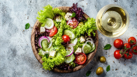 A vibrant salad bowl filled with fresh greens, tomatoes, and onions is paired with a glass of crisp white wine, promoting a healthy lifestyle.の素材