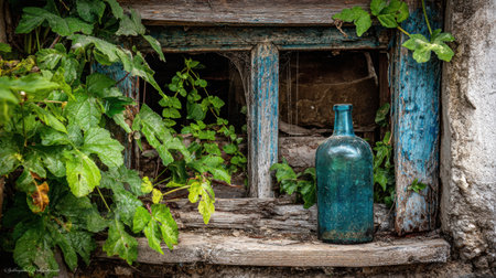 A weathered barn window showcases creeping vines and an old bottle, capturing the charm of nature intertwined with history.の素材