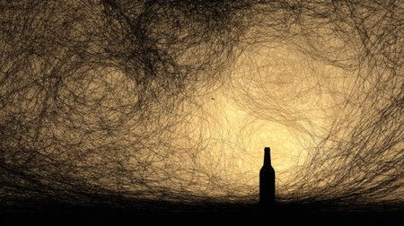 A bottle silhouette stands alone amid chaotic artistic strokes, capturing a sense of solitude in a dynamic environment filled with energy.の素材