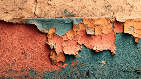 Close-up view reveals the detailed patterns of cracked paint on an aged wall, highlighting vibrant hues and unique textures.の素材