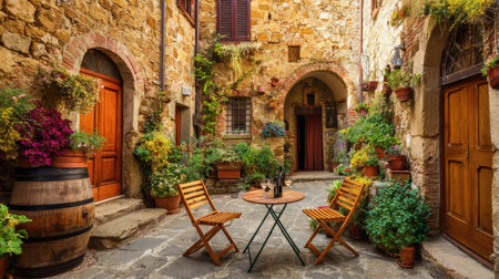 A cozy Tuscan farmhouse courtyard features a wooden barrel of wine, surrounded by lush plants and a pair of chairs for enjoying the scenery.の素材