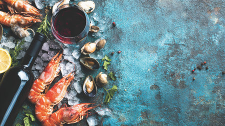 Enjoy a luxurious culinary experience with fresh seafood on ice, paired beautifully with rich wine in an elegant atmosphere.の素材