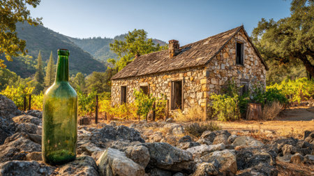 A rustic stone farmhouse sits amid lush vineyards as a green bottle rests on rocky ground, capturing the warm glow of late afternoon light.の素材