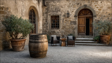 Rustic courtyard in Tuscany showcases wooden barrel filled with wine, surrounded by potted olive trees and comfortable seating for guests.の素材