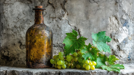 A weathered bottle stands next to plump green grapes, creating a rustic still life against a cracked plaster wall with a raw feel.の素材