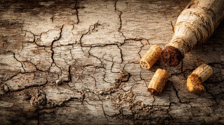 A rustic setting features a cracked wood surface paired with a bottle and several corks, evoking a warm and inviting ambiance.の素材