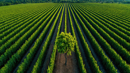 Vast vineyard features aligned green rows under clear skies, showcasing symmetry and a solitary tree at its center, reflecting tranquility.の素材