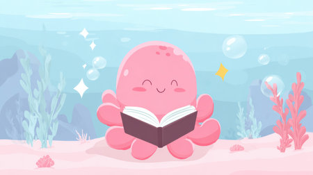 Calm pastel setting features a cheerful octopus reading a book while surrounded by gentle bubbles and ocean plants underwater.の素材