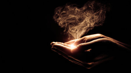 Hands softly illuminated by candlelight blow a heart-shaped cloud of smoke, establishing a romantic and atmospheric mood in darkness.の素材