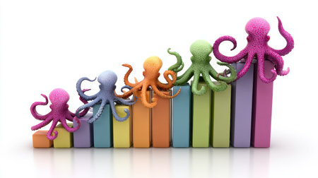 Tentacles hold up a vibrant bar graph illustrating business growth, featuring colorful octopuses in a playful corporate environment.の素材