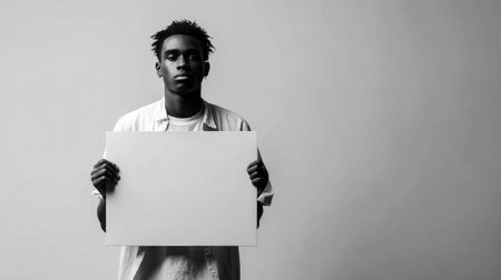 A young man stands with a serious expression, holding a blank sign in both hands while surrounded by a minimalist background in daylight.の素材