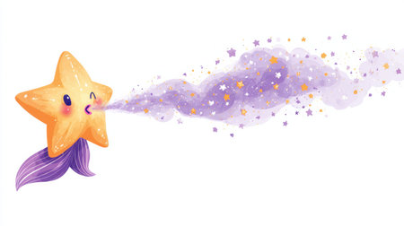 A playful star-shaped mascot sends light kisses into a pastel galaxy, spreading joy with its charming expression and colorful effects.の素材