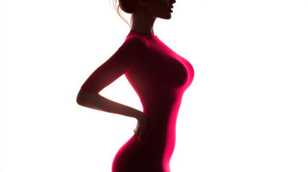 Silhouette of a person in a tight dress shows a realistic belly bulge, illustrating difficulties in fashion choices and body shape representation.の素材