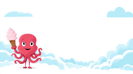 Cheerful octopus holds a cone of ice cream on a sunny day, surrounded by fluffy clouds, perfect for summer marketing themes.の素材