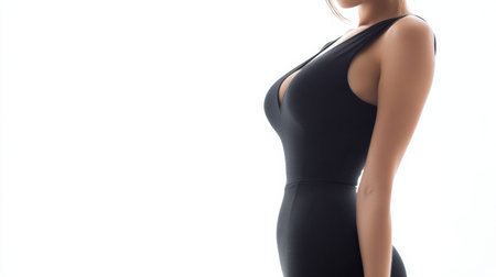 A model poses in a tight black dress, showing a realistic belly bulge that emphasizes contemporary fashion difficulties for women.の素材