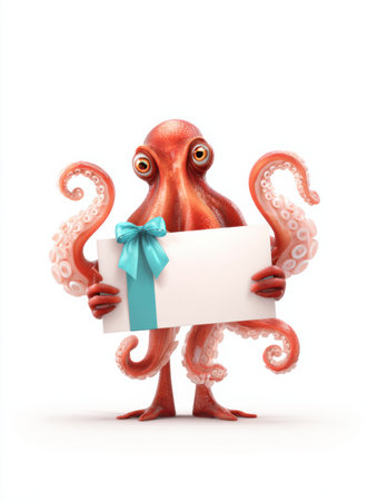 A cheerful mascot octopus stands with joy, holding a large gift box adorned with a blue ribbon, surrounded by a soft pastel background.の素材