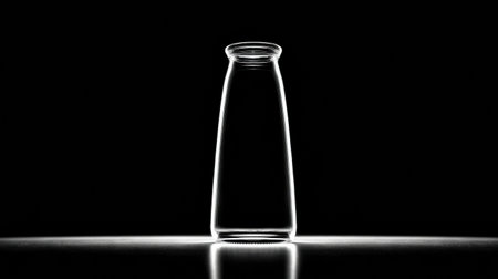 A bottle is outlined by a thin rim light against a dark backdrop, creating a striking contrast that enhances its unique shape.の素材