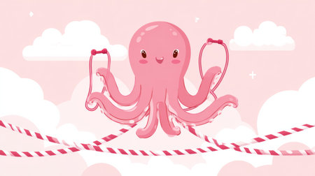A cheerful octopus happily holds a jump rope, surrounded by a pastel athletic room with fluffy clouds, bringing a sense of fun and playfulness.の素材