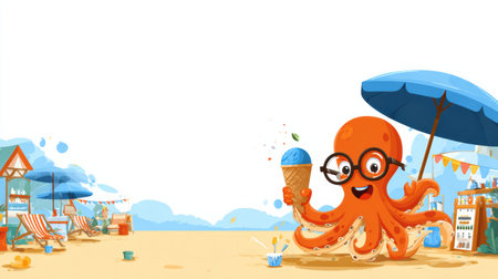 A cheerful octopus mascot holds a tasty ice cream cone while standing on the sandy beach under a sunny sky, surrounded by summer decorations.の素材