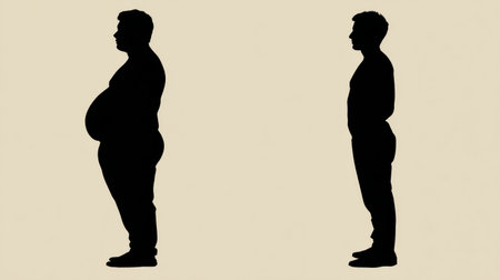 Silhouette shows the transformation from an overweight belly to a slimmer figure against a beige backdrop, highlighting body change.の素材