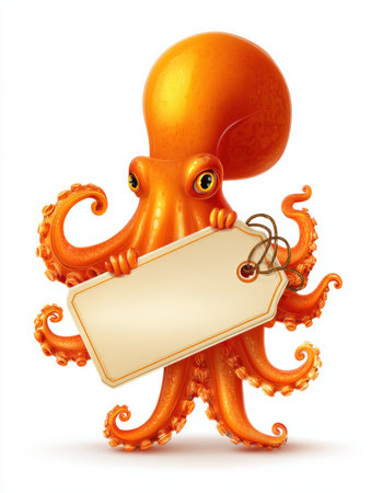 Colorful octopus mascot holds a shopping sale tag, ready for promotion. The bright background features a blank area for messages, ideal for marketing.の素材