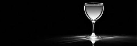 A wine glass stands on a glossy black surface, perfectly illuminated, showing its refined design and elegant shape.の素材