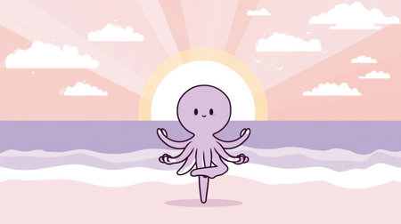 A cartoon-style octopus is performing a yoga pose on the beach at sunrise, surrounded by soft pastel colors and a calm mood.の素材