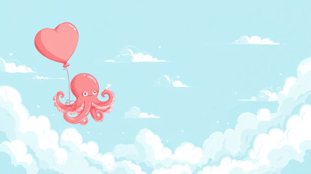 A cheerful octopus holds a heart-shaped balloon as it floats happily in a vivid blue sky filled with soft, white clouds.の素材