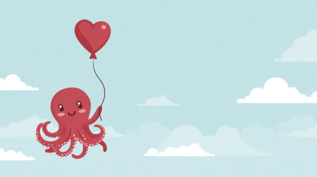 A cute octopus happily holds a heart-shaped balloon as it floats across a cheerful blue sky with fluffy clouds, creating a joyful scene.の素材