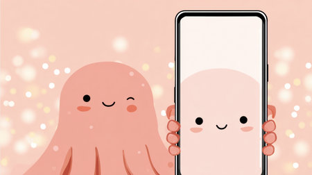 A playful octopus holds a smartphone, showcasing a light pastel tech layout that invites engagement and creativity in digital spaces.の素材