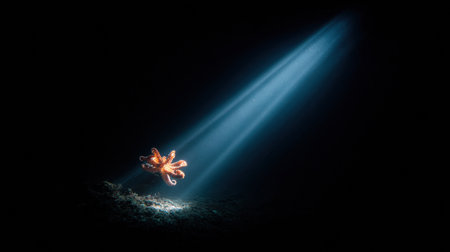 A deep-sea octopus is illuminated by a beam of light in a dark abyss, casting dramatic shadows and showing its unique form.の素材
