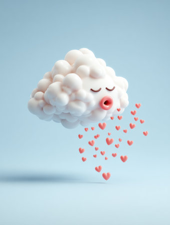 A cheerful cloud with a smiling face blows small hearts into the vast blue sky, evoking joy and childlike wonder.の素材